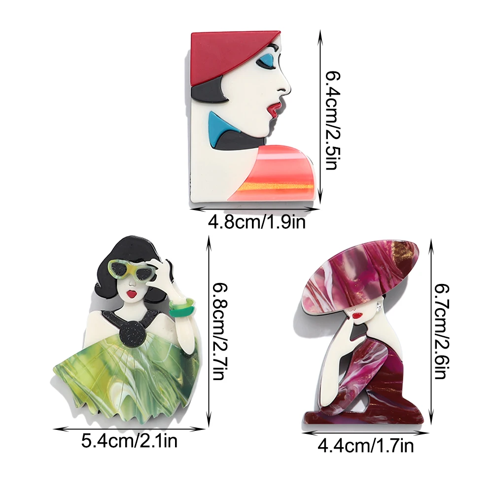 Neue Modische Acryl-Broschen für Damen, Elegante Cartoon-Frauenfiguren-Anstecknadeln, Lässiger Modeschmuck, Kleidungszubehör, Geschenk – Detail 2