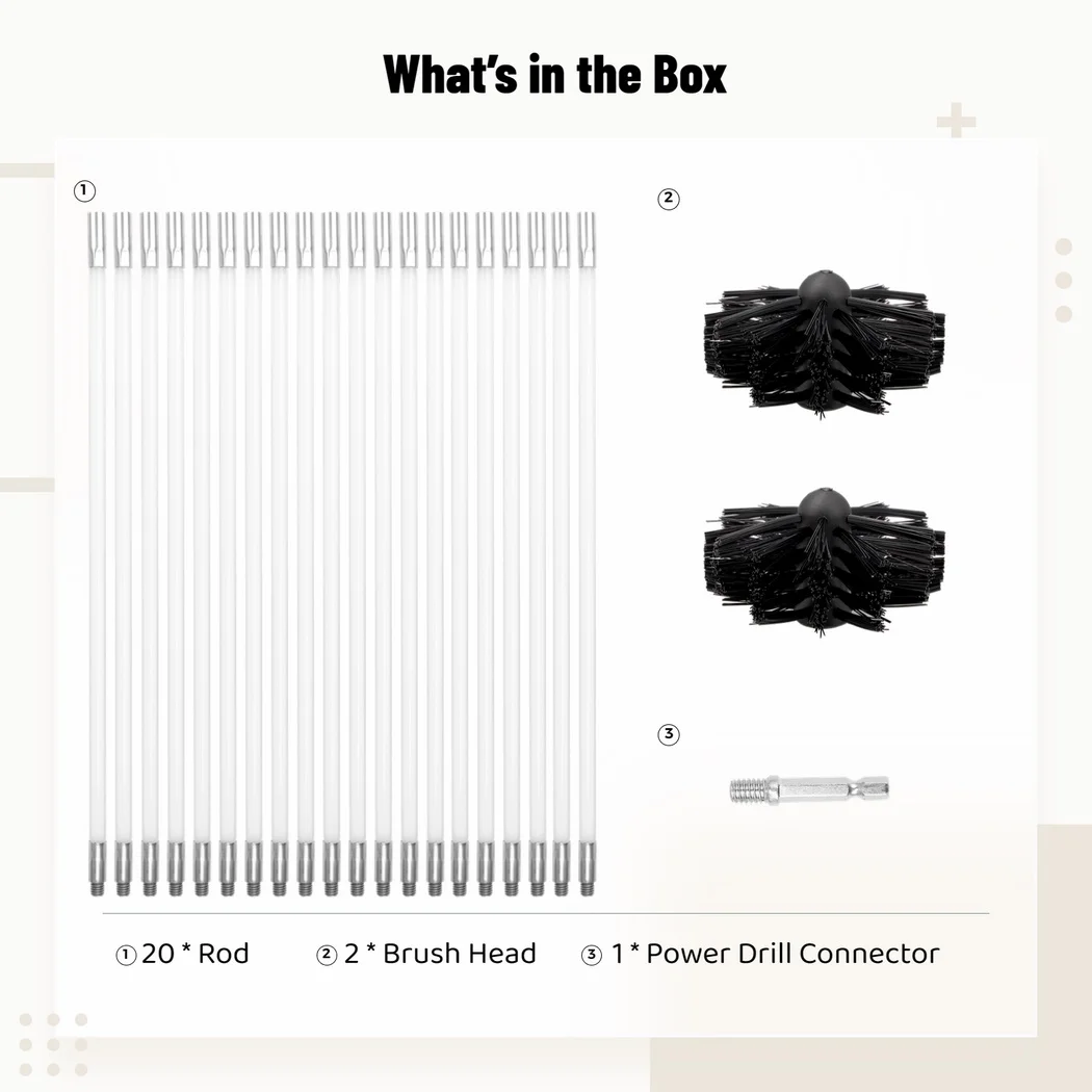 Chimney Cleaning Brush Kit 23Pcs Chimney Sweep Kit Duct Vent Cleaning Tool With 20 Flexible Rods 2 Brush Heads 1 Drill Connector