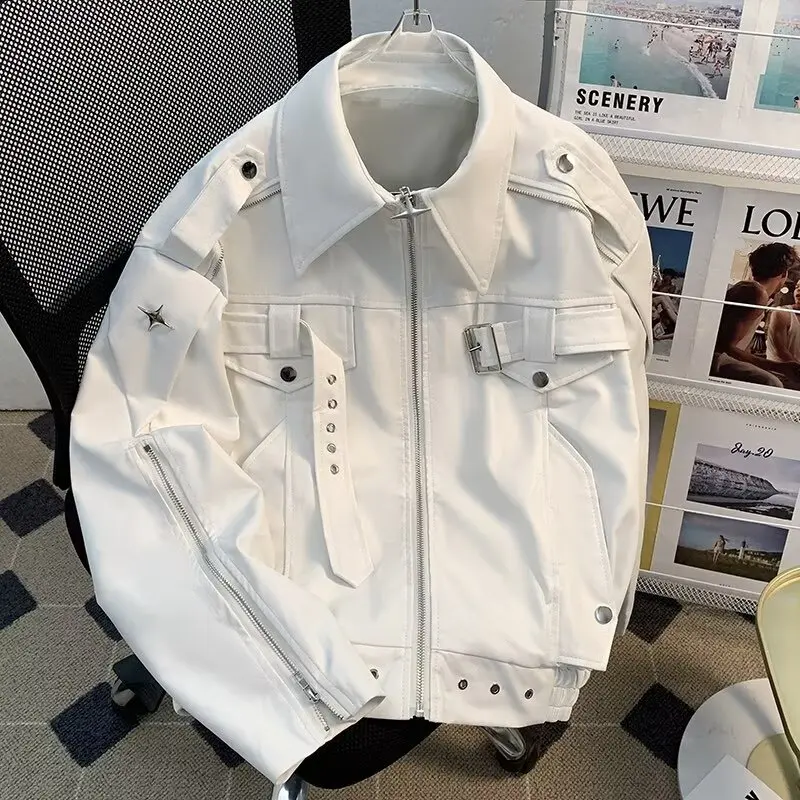 

Men Pu Jacket Motorcycle Biker Straps Metal Pu Jacket Streetwear Fashion Versatile Trendy Casual Long-Sleeve Tops Men's Clothing