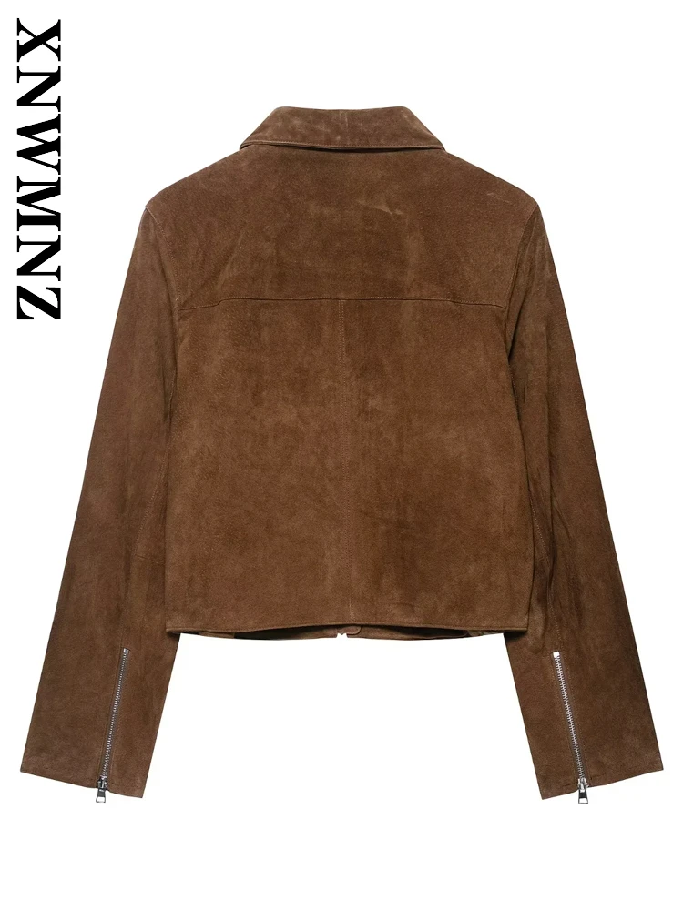 XNWMNZ 2025 Herfst Vrouw Vintage Woon-werkverkeer Turn-down Kraag Leren Jas Eenvoudige Mode Vrouwen Kleding BRUIN Casual Bovenkleding