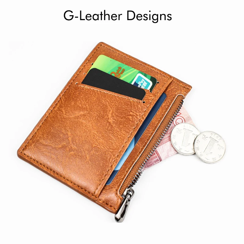 Slim Zipper Credit Card Holders Vintage Leather for Men Mini Short Wallet Small Coin Purse Personalized