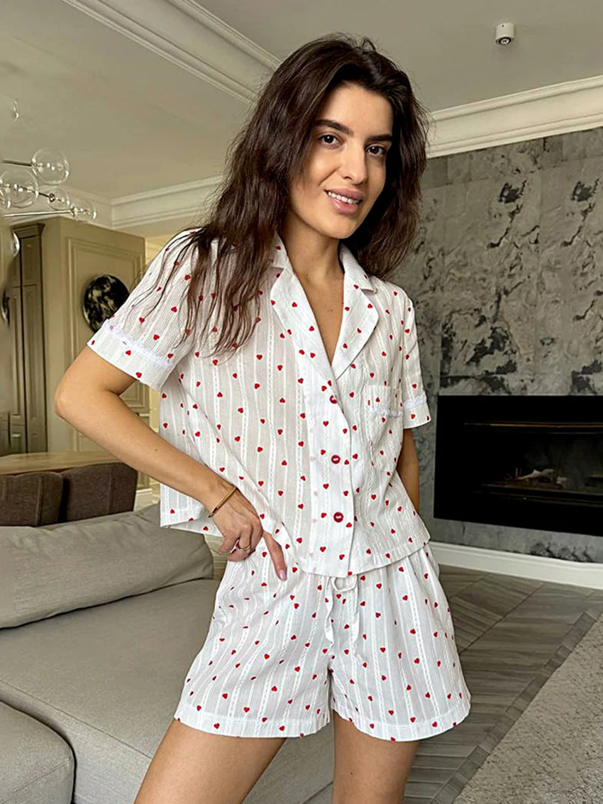 Marthaqiqi Cotton Ladies Pajamas Suit Short Sleeve Nightie Turn-Down Collar Nightwear Crop Top Nightgowns Shorts Sleepwear Sets