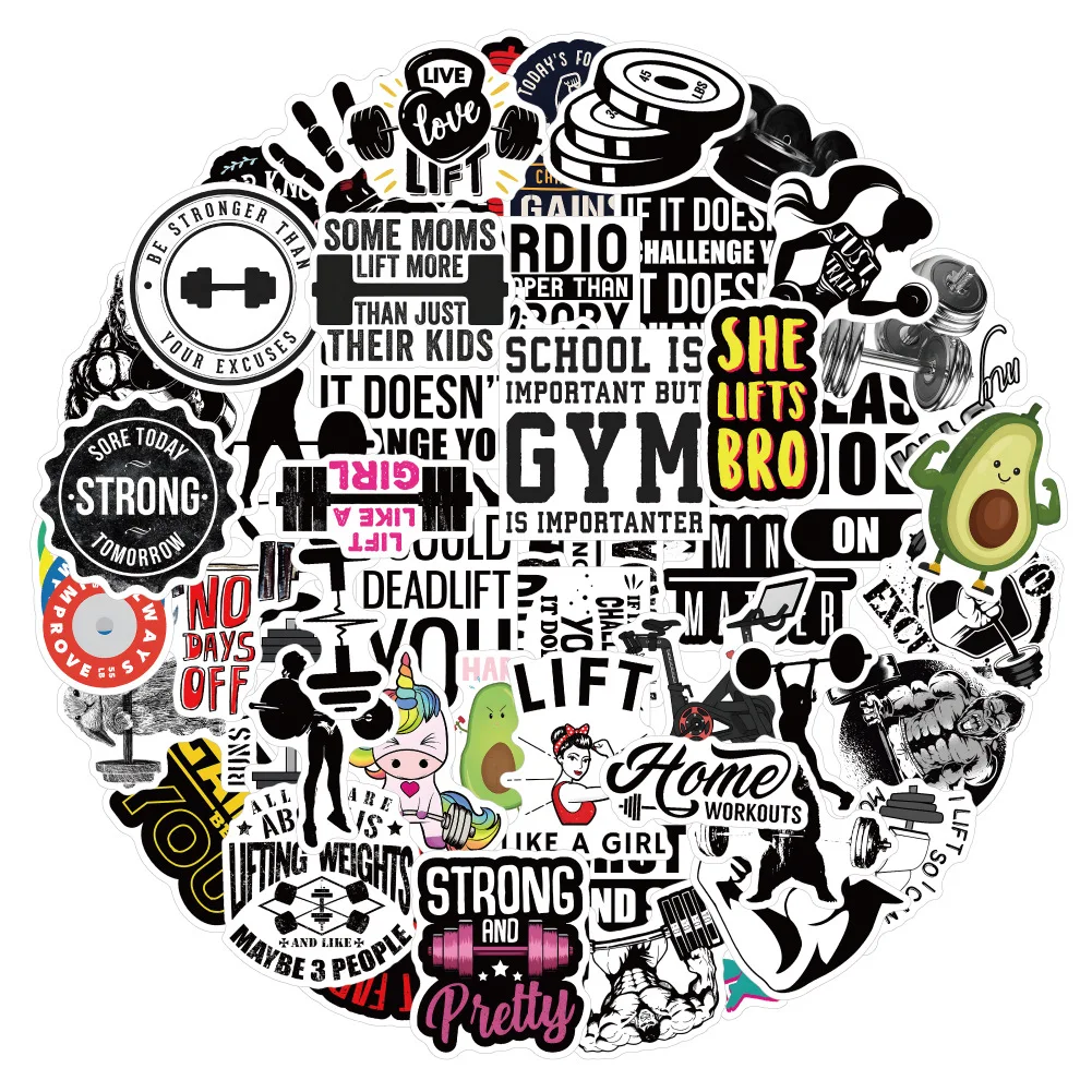 10/50PCS Sports Fitness Workout Text Slogan Black and White Doodle Decorative Laptop Suitcase Waterproof Stickers Kids Toy