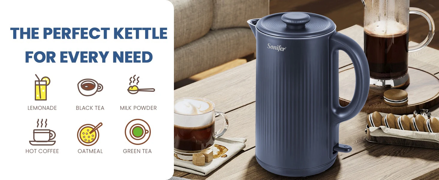 304 Stainless Steel Electric Kettle Household Double Wall Design 1.7L 1500W Cordless Frosted Housing