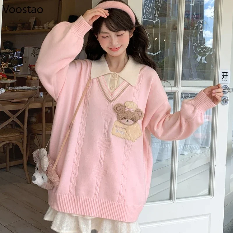 Autumn Winter Kawaii Lolita Style Knitted Pullovers Women Sweet Cartoon Bear Embroidery Sweaters Tops Cute Loose Knitwear Coat