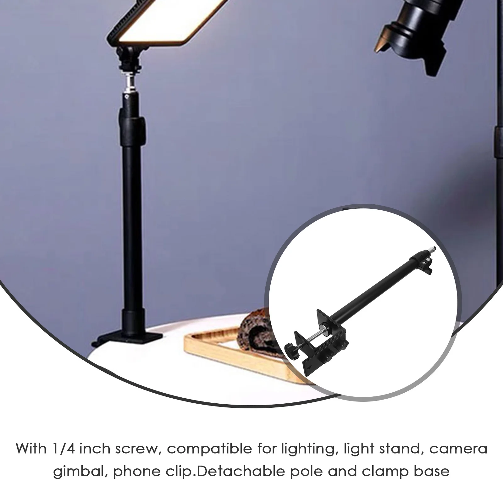 

Aluminum Alloy Light Stand Adjustable Desk Camera Stand 46-74Cm Telescopic Pole 6-13Cm Table Clamp 1/4 Inch Screw Compatible
