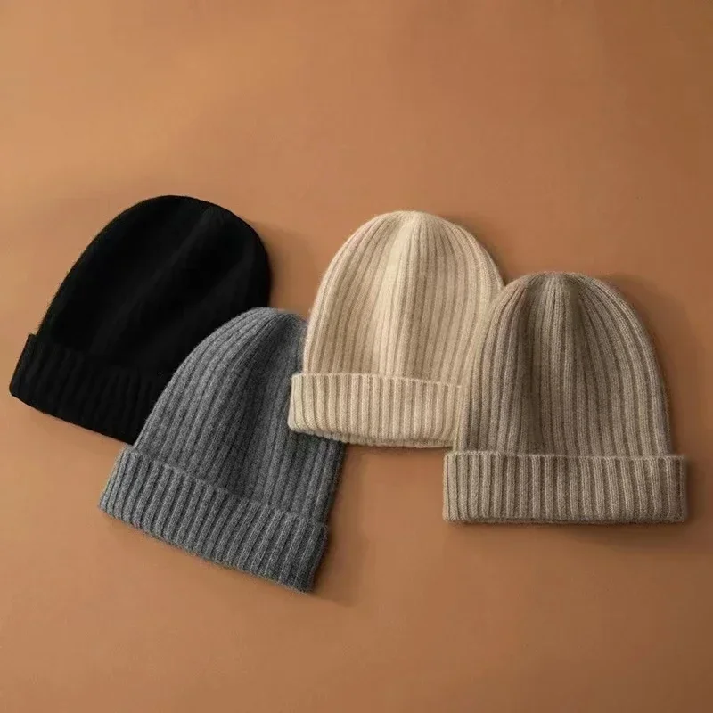 

2025 New Winter 100% Cashmere Knitted Headgears Women Keep Warm Beanie Hat High Quality Solid Casual Hedging Cap Skullies