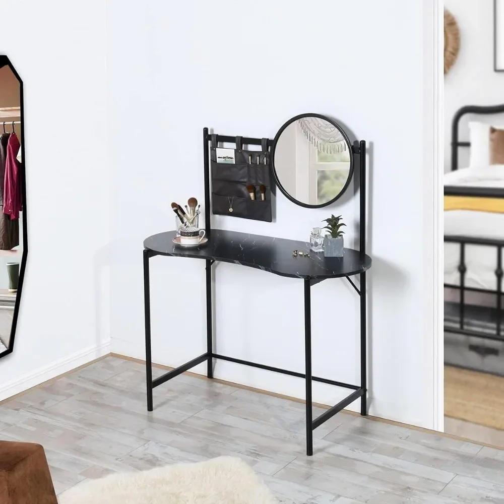 Dresser with detachable round mirror vintage minimalist makeup dresser multifunctional oval desk, black