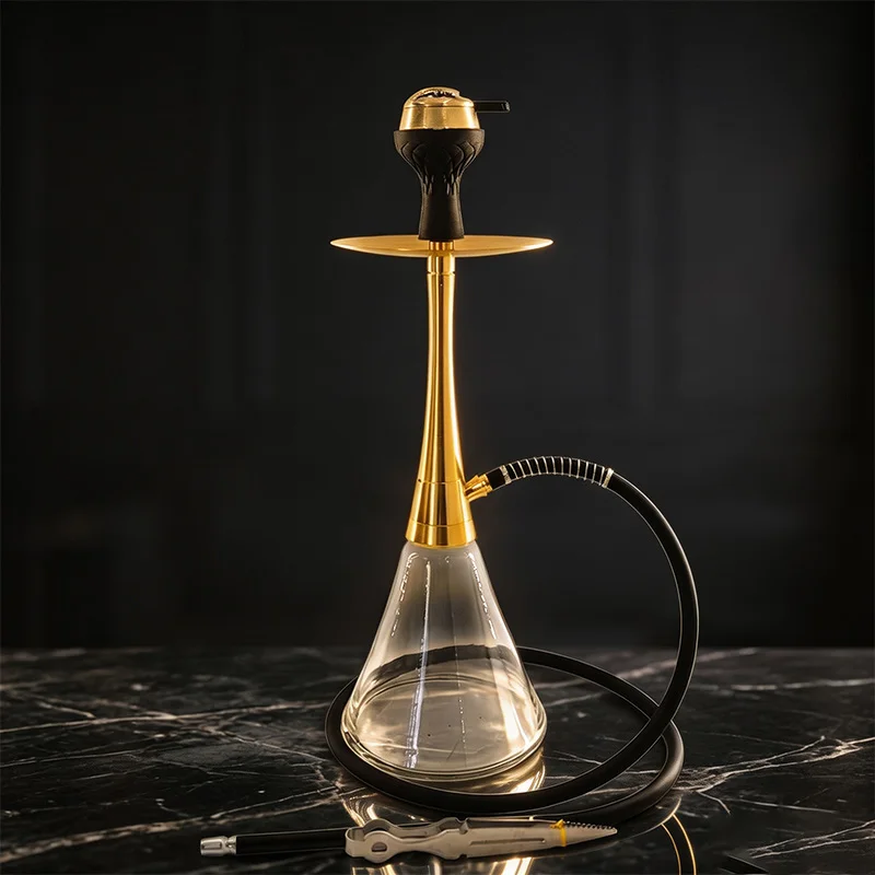 Hookah Set Complete,Shisha Luxury Aluminum Alloy Golden Vertical Pole Triangle Thickened Transparent Glass Hookah Set