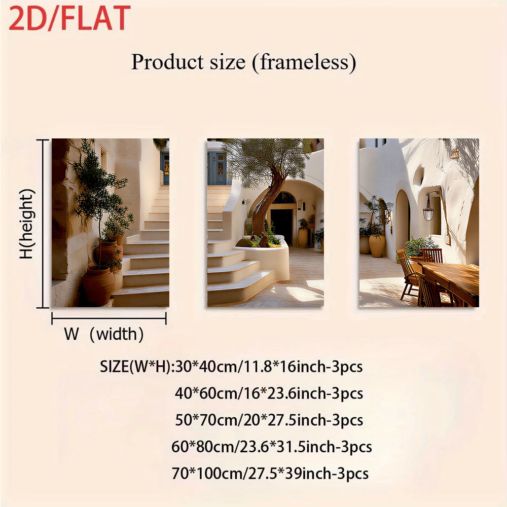 1 set of Mediterranean style triptych frameless paintings, Greek Santorini white wall alley art paintings, 2D plan