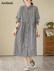 Autumn Cotton Plaid Flare Sleeve Vintage Dresses Women 2025 New Spring Casual Office Lady Work Dress Femme Robe Elegant Clothing