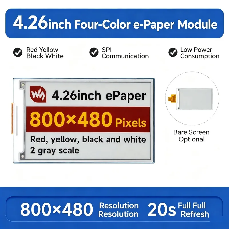 waveshare-426inch-e-ink-display-red-yellow-black-white-four-color-e-paper-module-spi-interface-for-raspberry-pi-arduino