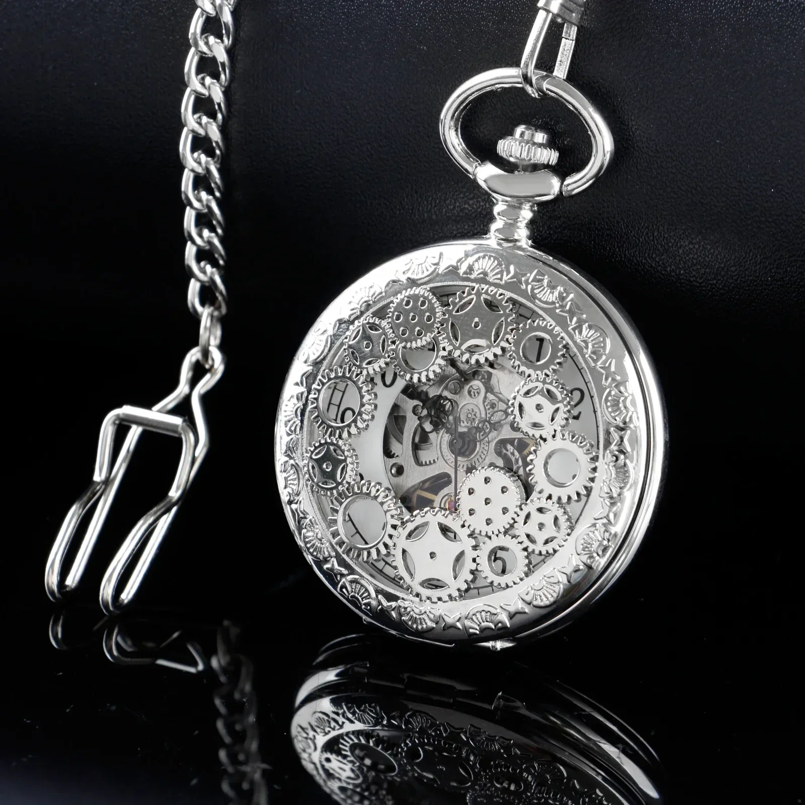 Silver Hollow Gear Mechanical Pocket Watches Vintage Vintage Dress 2 Sides Open Case Hand Wind Casual Fashion Pocket&Fob Watches