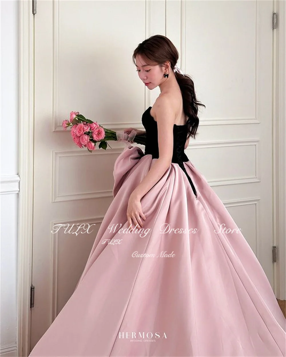 TULX Princess Black Pink Evening Dress Sweetheart A-line Bow Korea Wedding Party Dress Corset Bridal Long Formal Event Custom