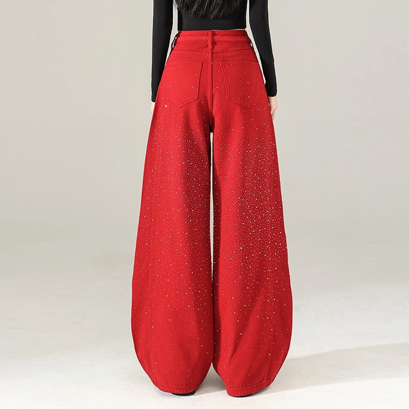 Women's Rhinestone Starry Wide Leg Denim Pants High Waist Baggy Floor‑Length Trousers Spring Autumn Streetwear Jeans With Strap