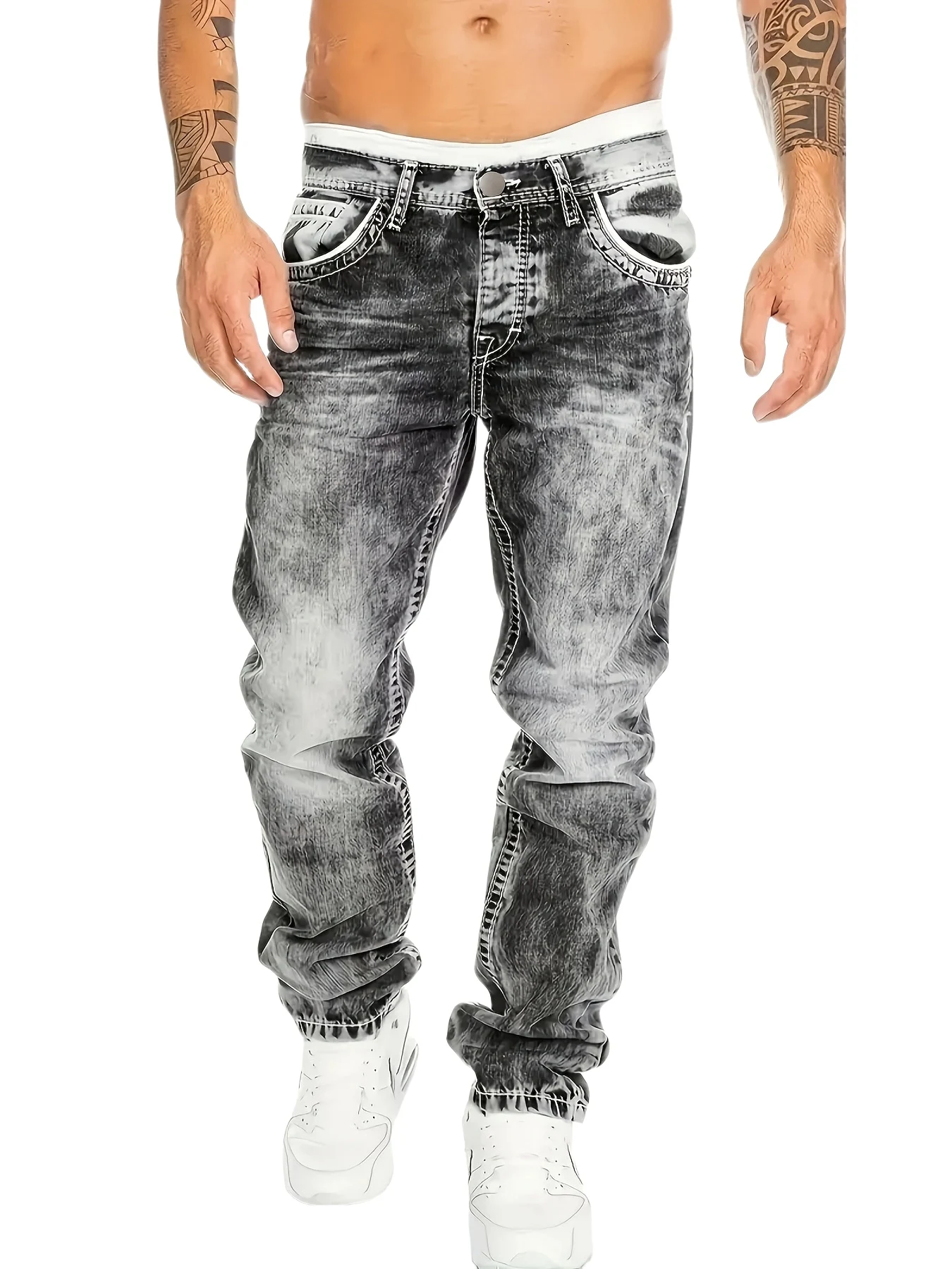 1 Stück lässige Slim-Fit-Stretchjeans für Herren, modische Street-Style-Jeanshose mit Farbverlauf und ausgewaschenem Look, normale Passform, Machin