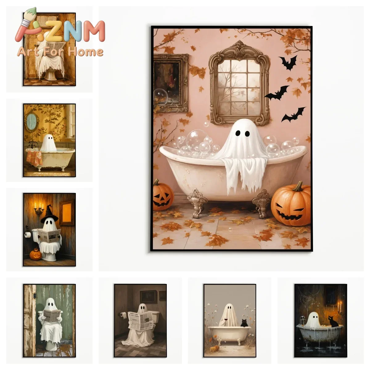 1PC  Halloween Bathroom Funny Ghost Pumpkin Black Cat Poster  Toilet Reading Newspaper Ghost Wall Art  Frameless Canvas Printing