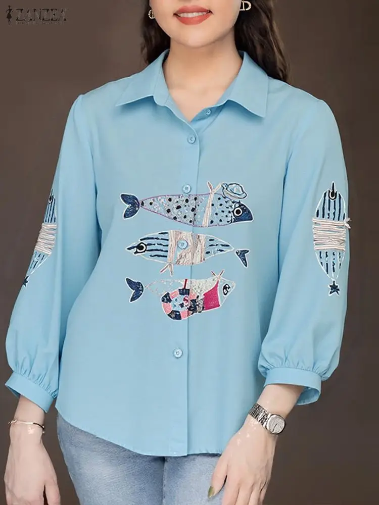 Zanzea mulheres camisas de impressão de peixe lapela 3/4 manga casual solto blusas femininas blusa vintage 2026 moda elegante senhora do escritório blusa