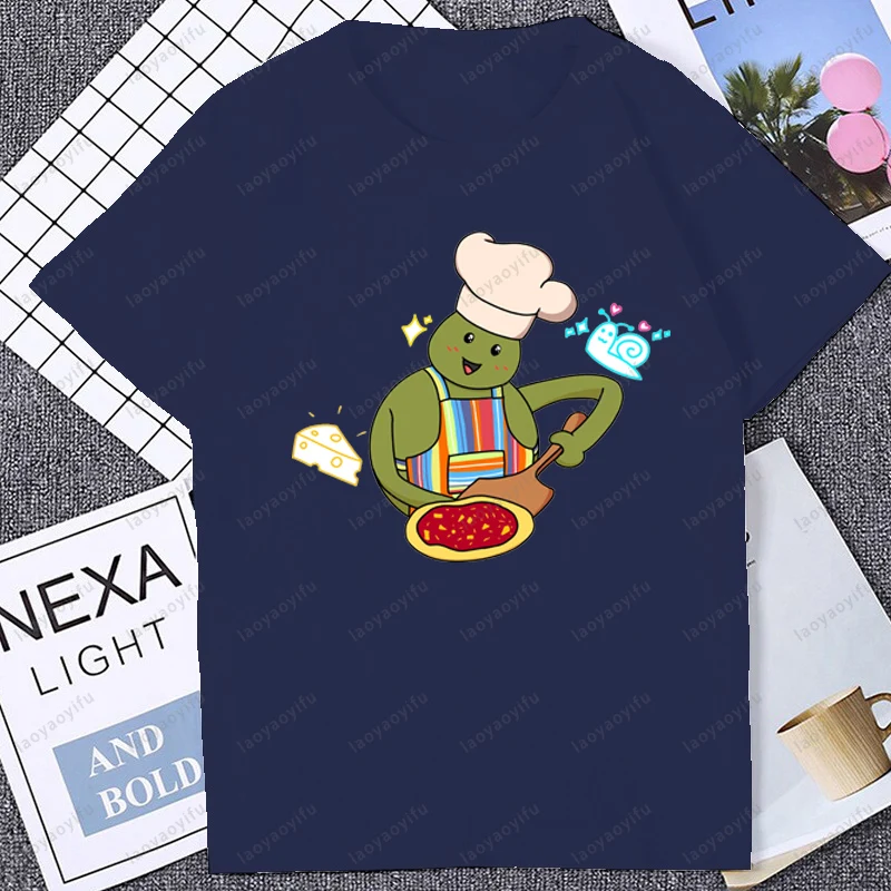 لطيف الفكاهة صغيرة الشيف البيتزا ميمي الجرافيك تي شيرت مطبوع موضة عادية فضفاض Harajuku رجل الشارع الشهير التنفس الراحة التي شيرت