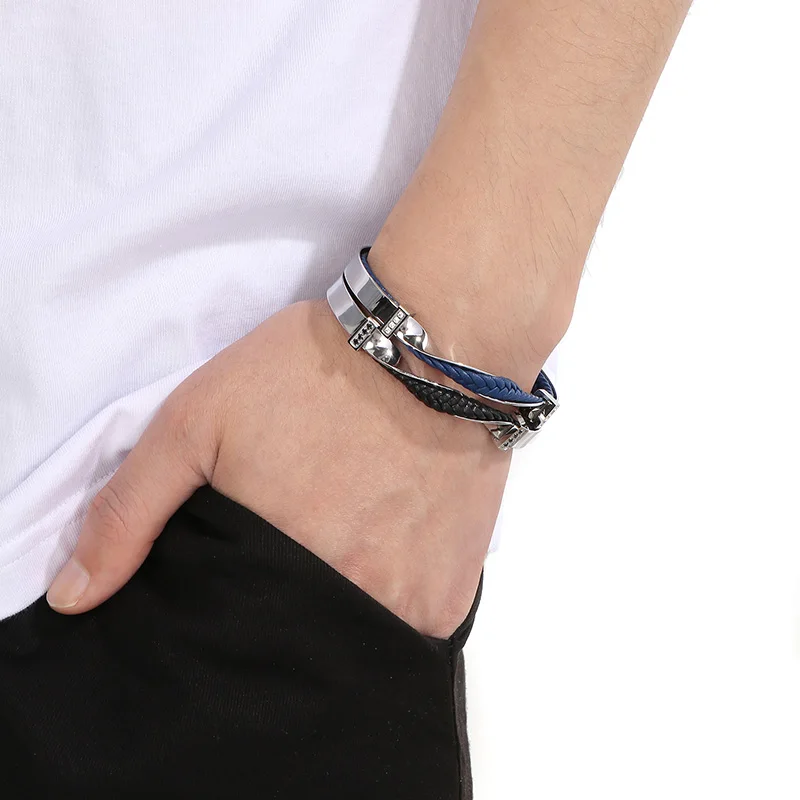 KALEN Unique Irregular Bracelets For Men Blue&Gold Color Stainless Steel Cowhide Leather Men Charm Bangles Hip Hop Male Jewelry