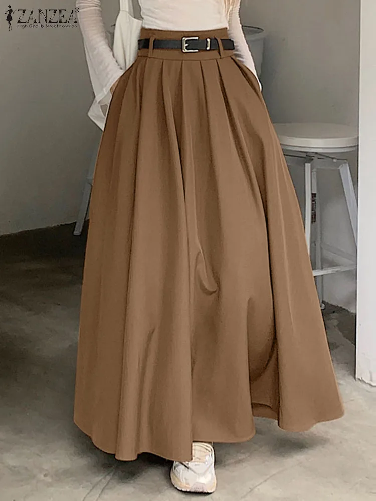 ZANZEA Women High Waist Jupe Korean Pleating Swing Skirt Vintage Fashion 2024 Spring Office Falda Holiday Loose Solid Long Skirt