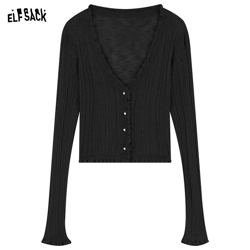 ELFSACK Women\'s 2024 Spring New Korean Breathable Hollow out Design Cardigan with Wood Ear Edge Style