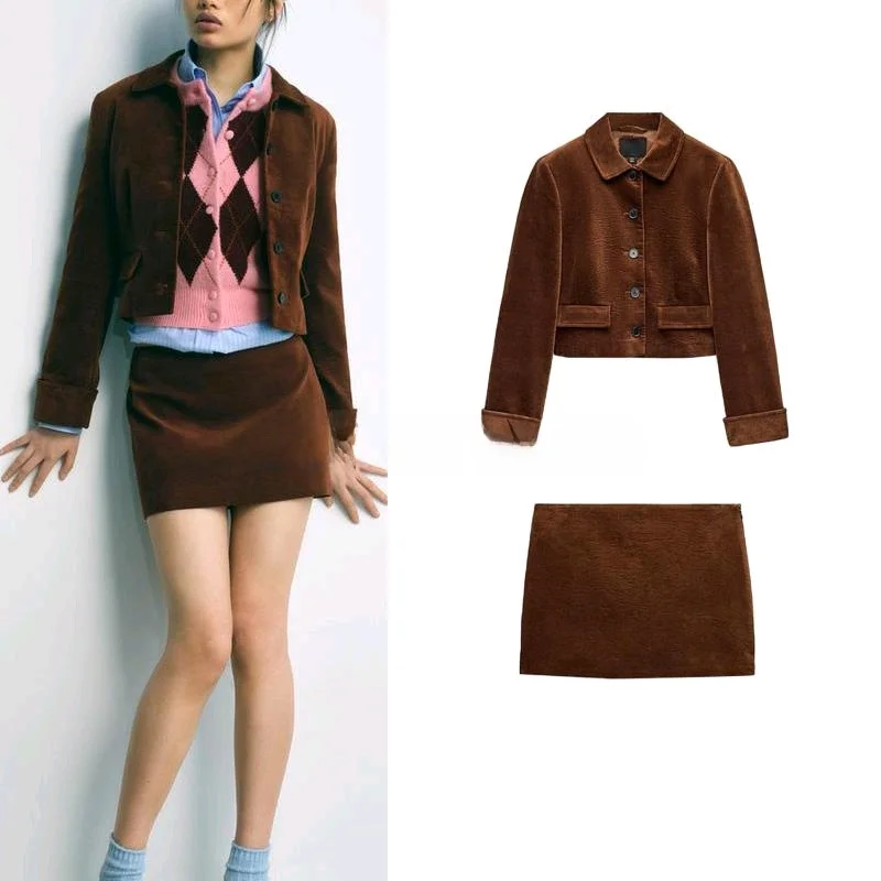 

Весеннее бархатное ортопальто, базовая юбка на пуговицах, длинный свеч, комплект Faion с отложным воротником, женская одежда премиум-класса