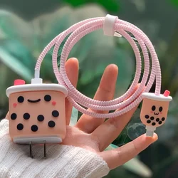 4pcs Milk Tea Designs Wall Charger Protective Covers For IPhone 20W Charging Head Sets And Any 1.4-meter Cables