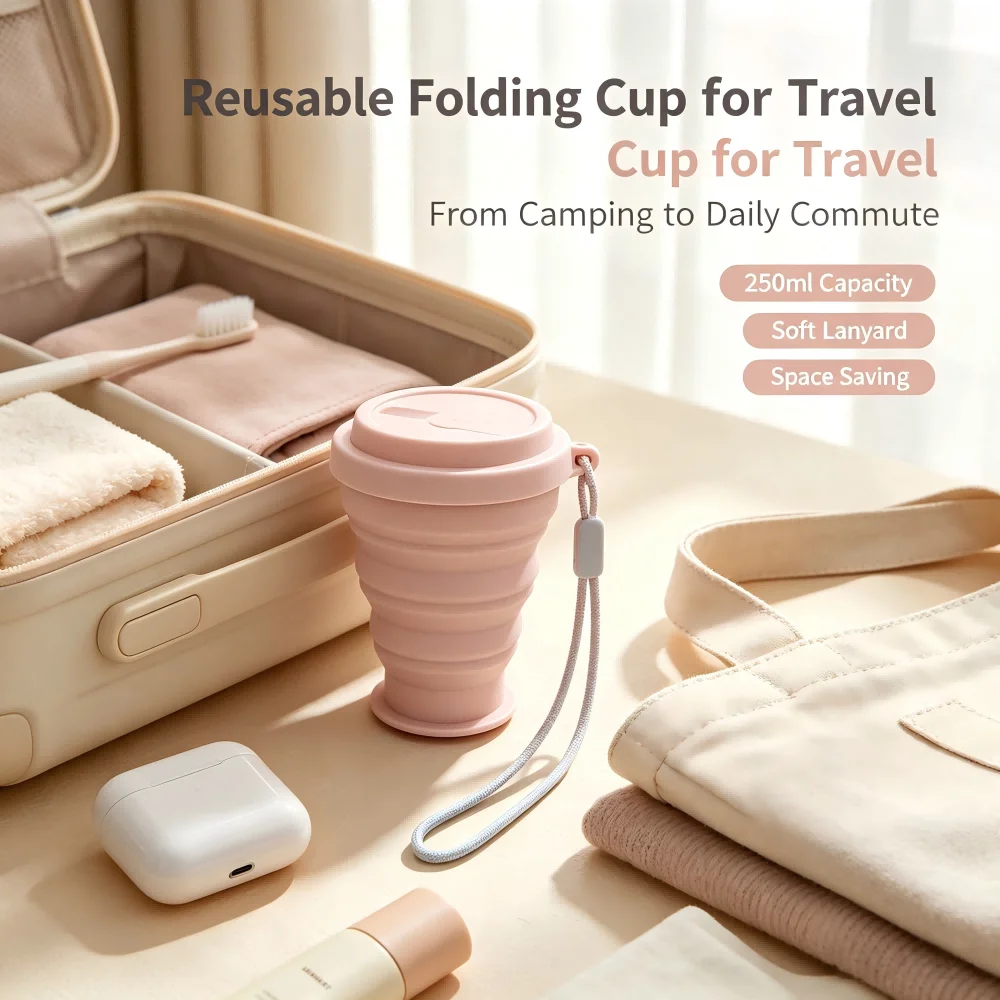 Space‑Saving Food‑Grade Silicone Collapsible Cup with Lid & Lanyard, Reusable Folding Travel Mug for Road Trips, Camping, Picnic, Gym and Daily Outdoor Activities