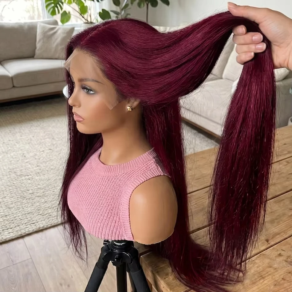 32 Inch 99J Burgundy Bone Straight 13x4 Human Hair Lace Front Wig Red Colored Brazilian Transparent Lace Frontal Wig For Women