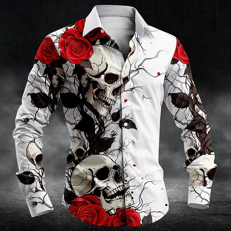 New Flower Skull Men's Shirt Available in Various Styles for Parties, Fashionable, Comfortable, and Casual Collar Skeleton High