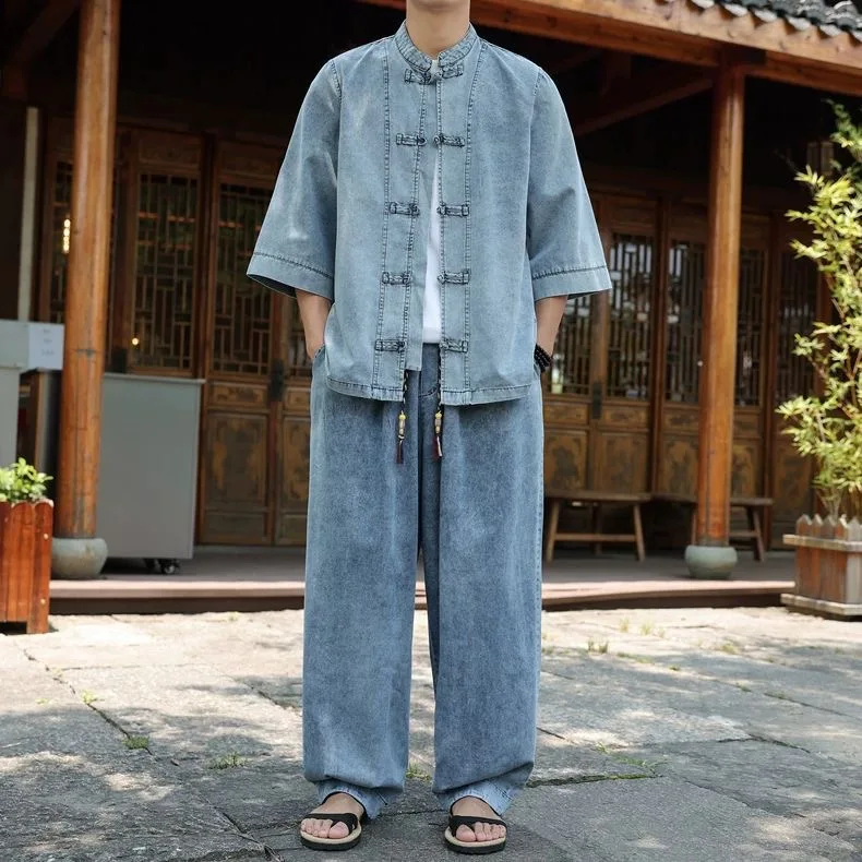 

Новая мужская джинсовая рубашка в китайском стиле с пуговицами на манжетах, большие размеры, рукав 3/4, традиционная рубашка в стиле Тан, повседневный летний топ