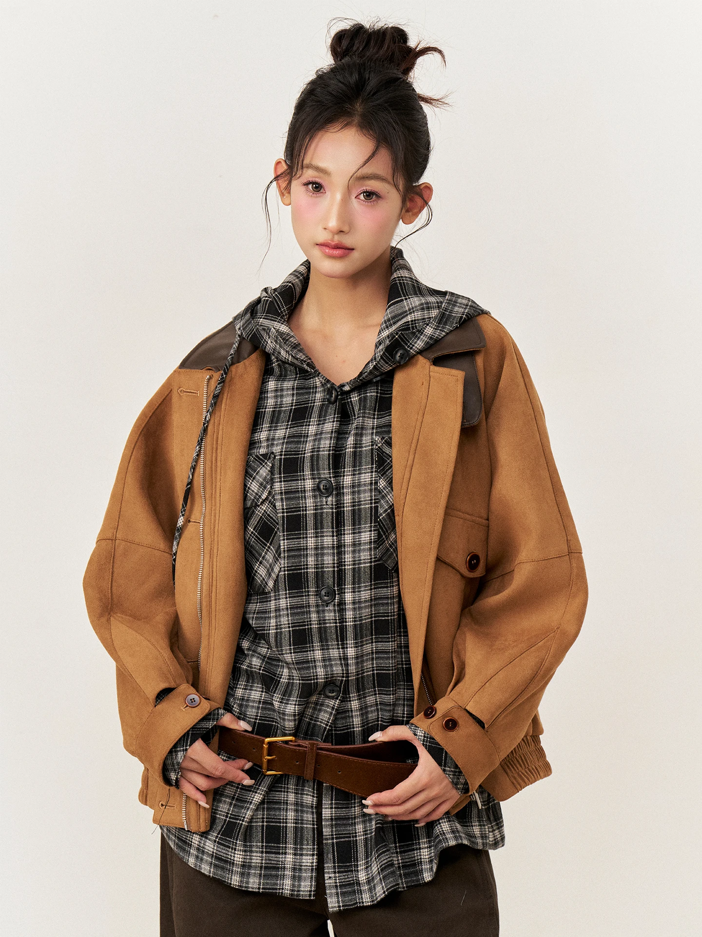 

AXIA Retro Khaki Suede Patchwork Jaet Women's Loose Oversize Autumn Winter New Sle Zipper Decorated Button Decorated Coat