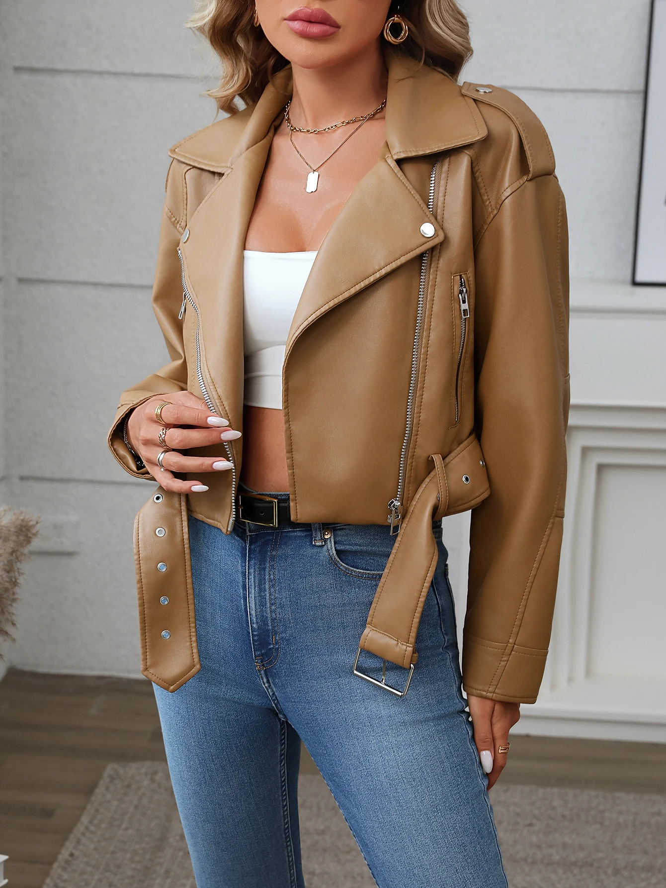 Fitaylor-女性用ベルト付きPUレザージャケット,ラペルジッパー,女性用ショートコート,オートバイのアウター,春と秋