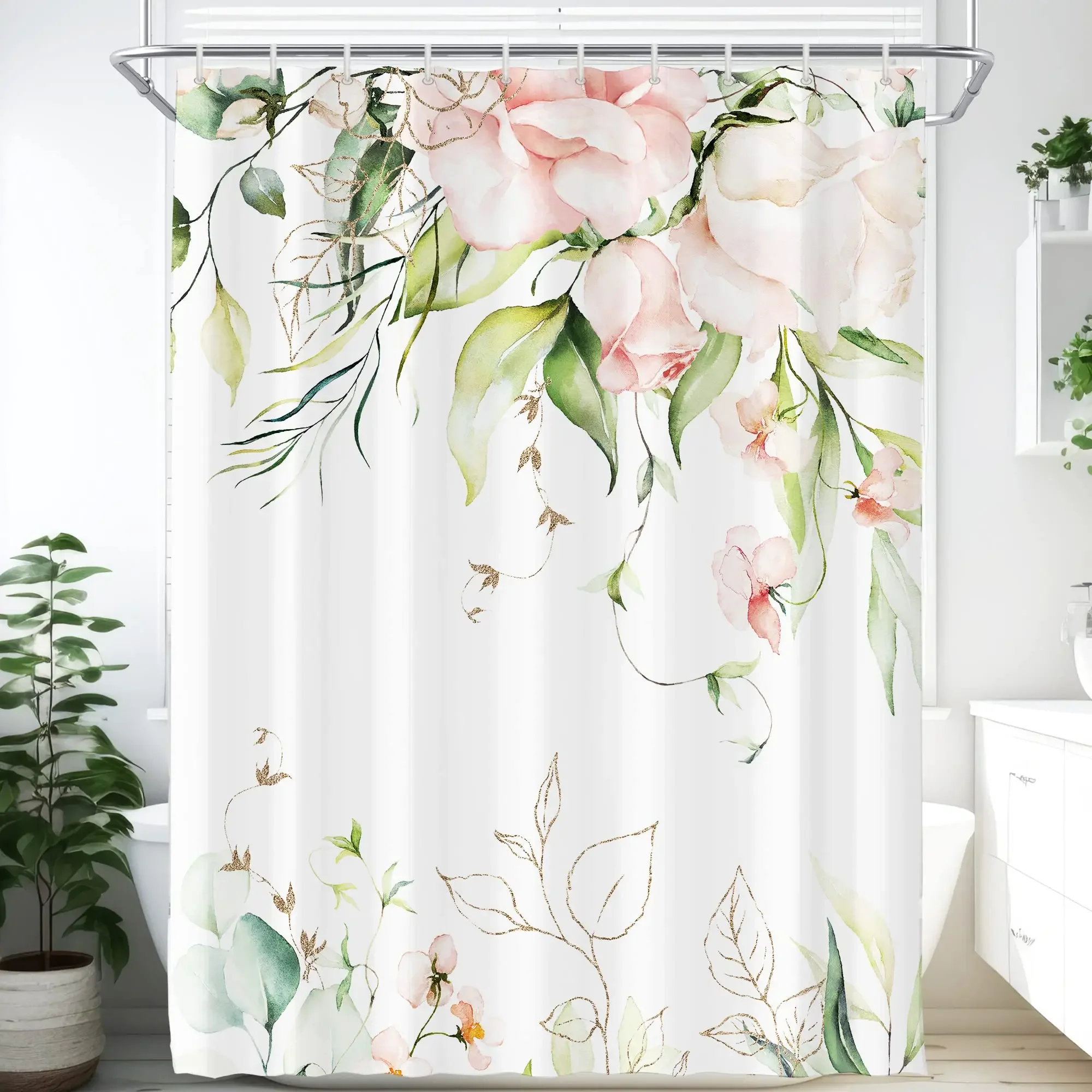 Watercolor Flower Shower Curtain, Vintage Plum Blossom Tropical Plant Green Leaf Bird Elegance, Bathroom Decor Set With Hooks