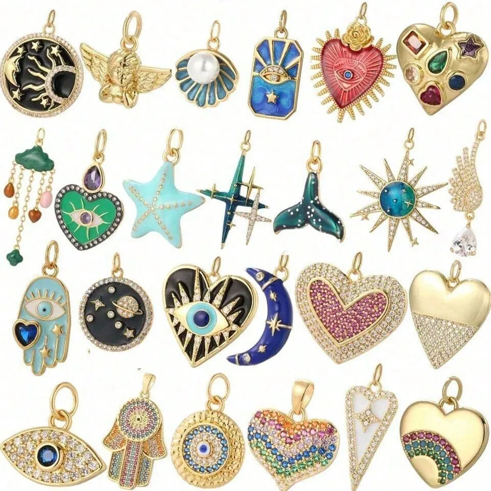 1PC Copper Zircon Plated heart shape Evil Eye DIY Jewelry Accessories, Necklace Bracelet Earrings Pendant