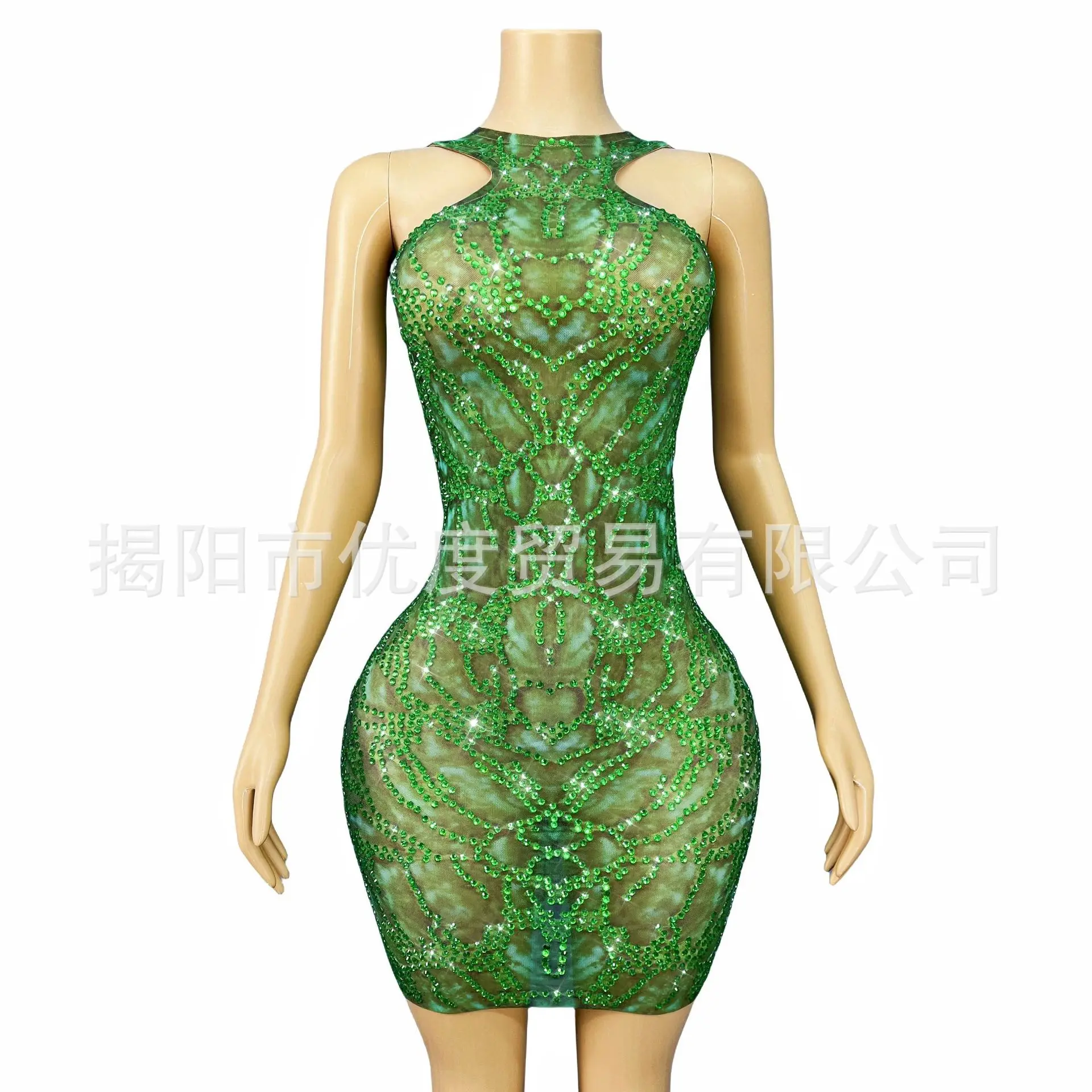 Sexy vert strass licou découpé robe fête d'anniversaire dos nu scène tenue ombre vert concepteur luxe robes de soirée