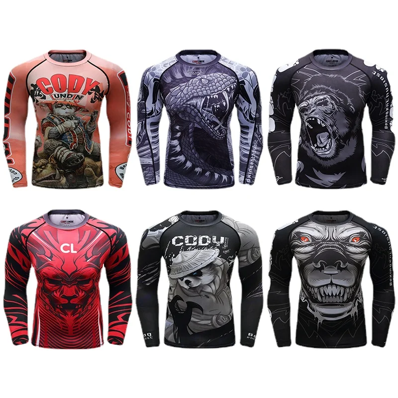 New Design Men Running Fitness Lion Printed Long Sleeve Tight Casual Shirts Men