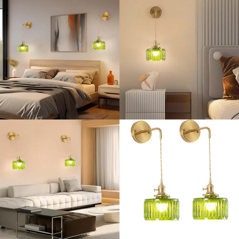 

Adjustable Vintage Green Stripe Glass Wall Sconce, Rechargeable Gold Fixture Set for Bedroom & Indoor Spaces