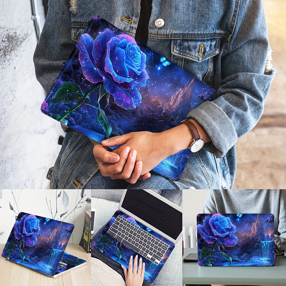 

2PC Blue Rose Laptop Art Decal Case, Universal Netbook Skin Sticker Non-reusable Laptop Skin Sticker Decal Waterproof and