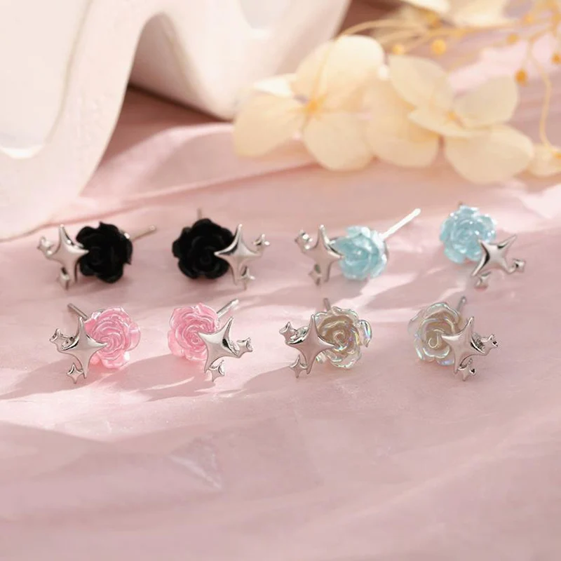 Colorful Rose Four Pointed Star Ear Stud Summer Transparent Pink Blue Camellia Black Flower 925 Silver Earrings For Women KOFSAC