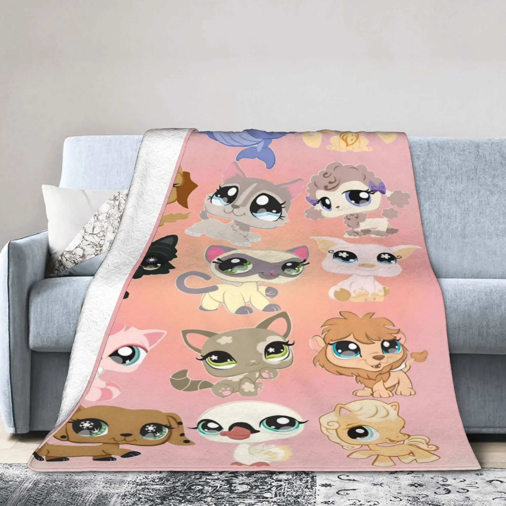 Pets Animal Littlests Cartoon Shops Blanket  Flannel Vintage Soft Throw Blanket for Bedding Lounge Autumn/Winter