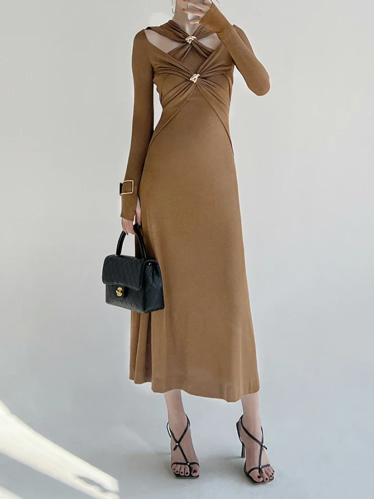 

Hollow Out White Dresses For Women V Neck Long Sleeve Off Shoulder Knitted Slimming Temperament Dress Female Summer New