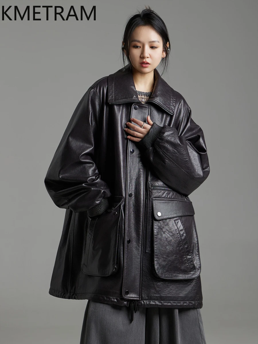 KMETRAM 100% Naturalna Skóra Owcza Kurtka Damska Oversize Zimowa Skóra Owcza Średniej Długości Nowości w Kategorii Płaszcze 2025 ropa mujer