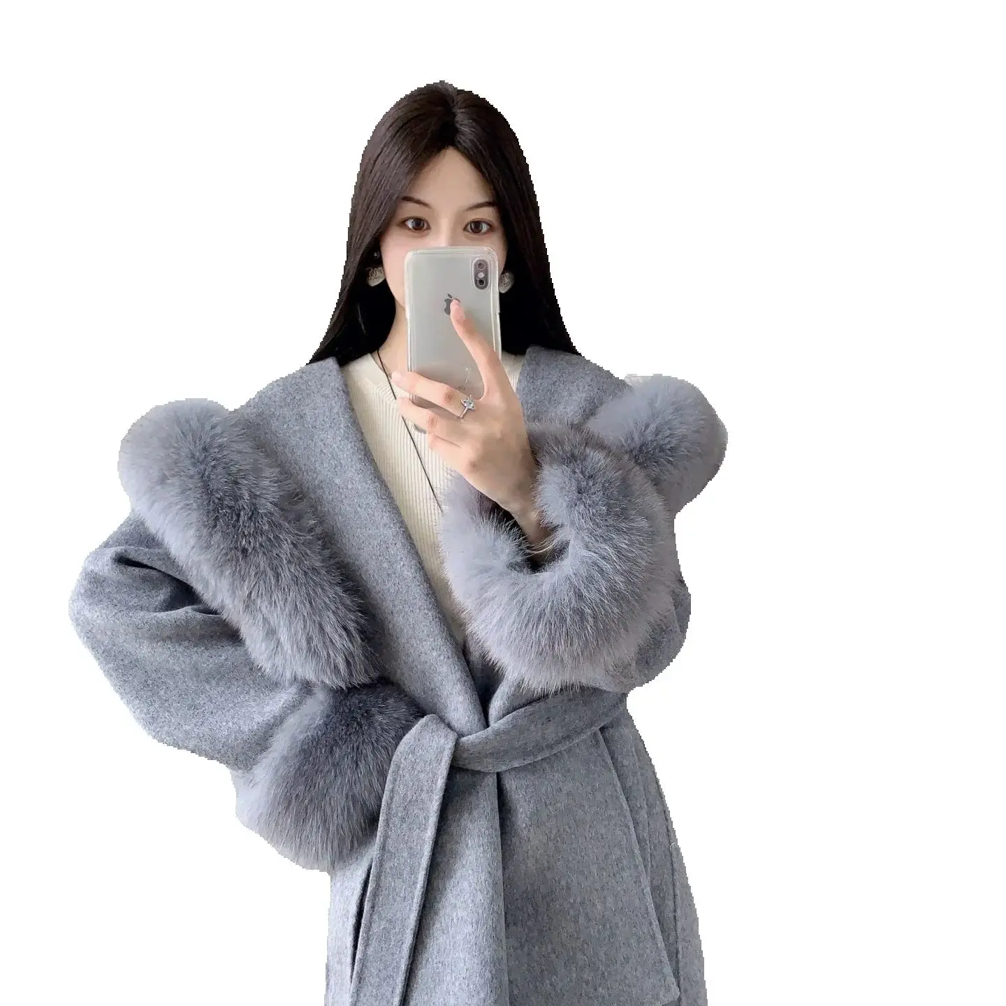 

Шерстяное двустороннее пальто средней длины с капюшоном из меха белой лисы и кокосовым молочным мехом, женское, в стиле «Шанхайская наследница»