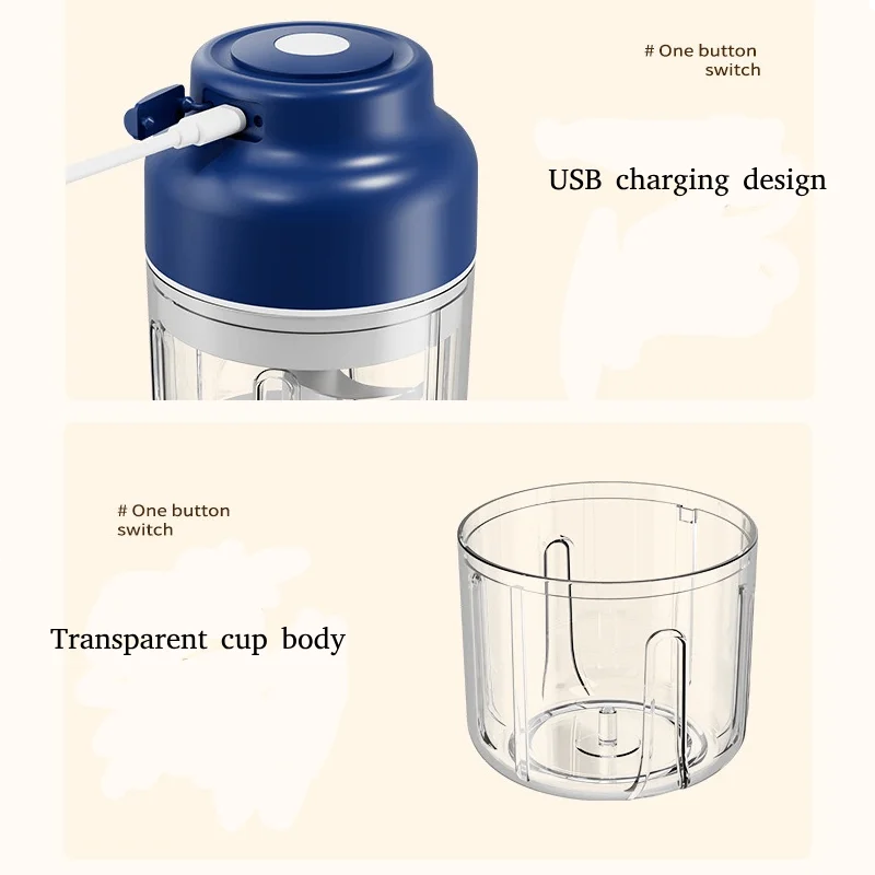Tritatutto elettrico per aglio a doppio motore Robot da cucina ricaricabile USB Acciaio inossidabile 6 lame affilate Ciotola per PC resistente da 350 ml