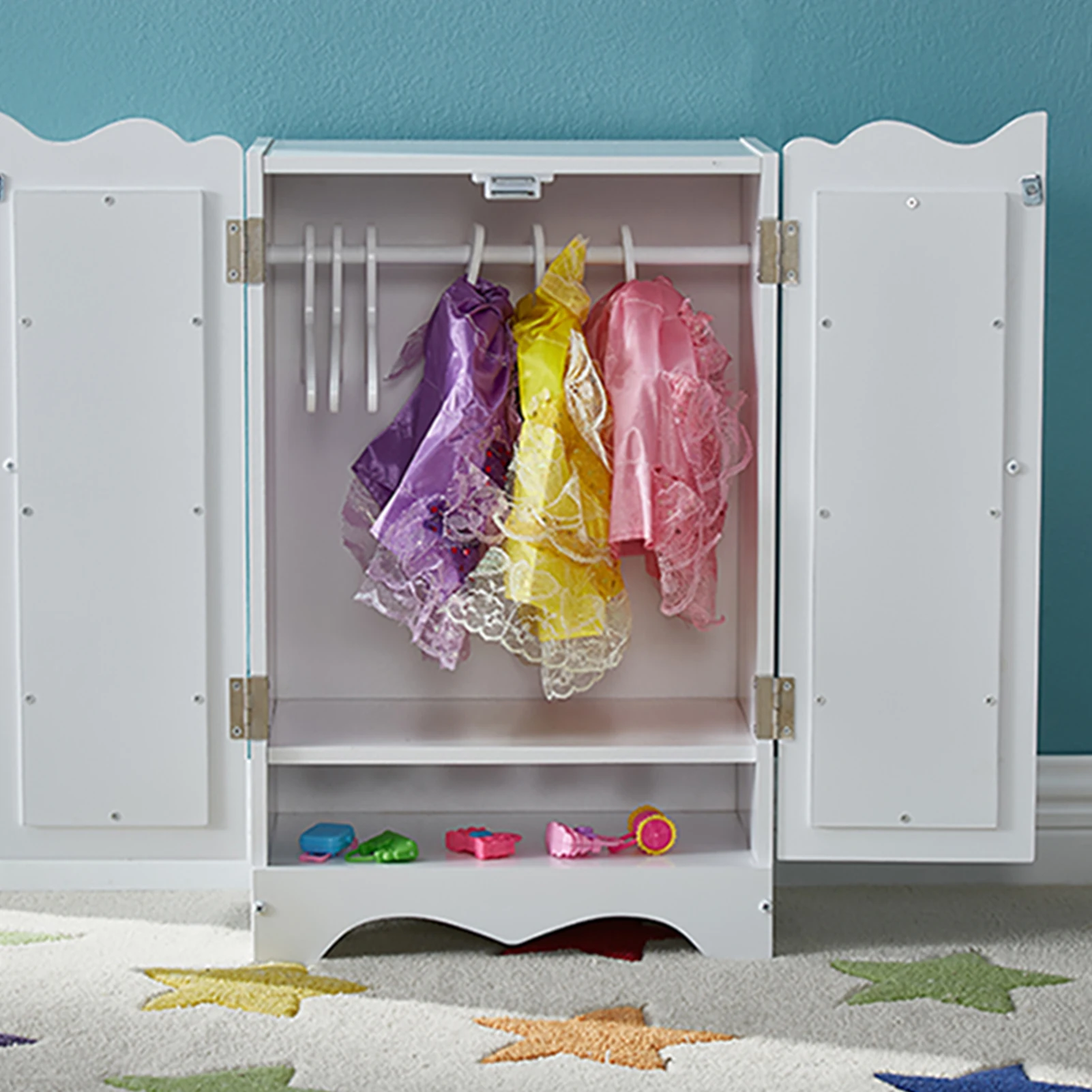 

Wooden Baby Doll Closet Armoire with Mirror 18 Inch Doll Clothes Storage Organizer Furniture Wardrobe for Over 3 Years Kids