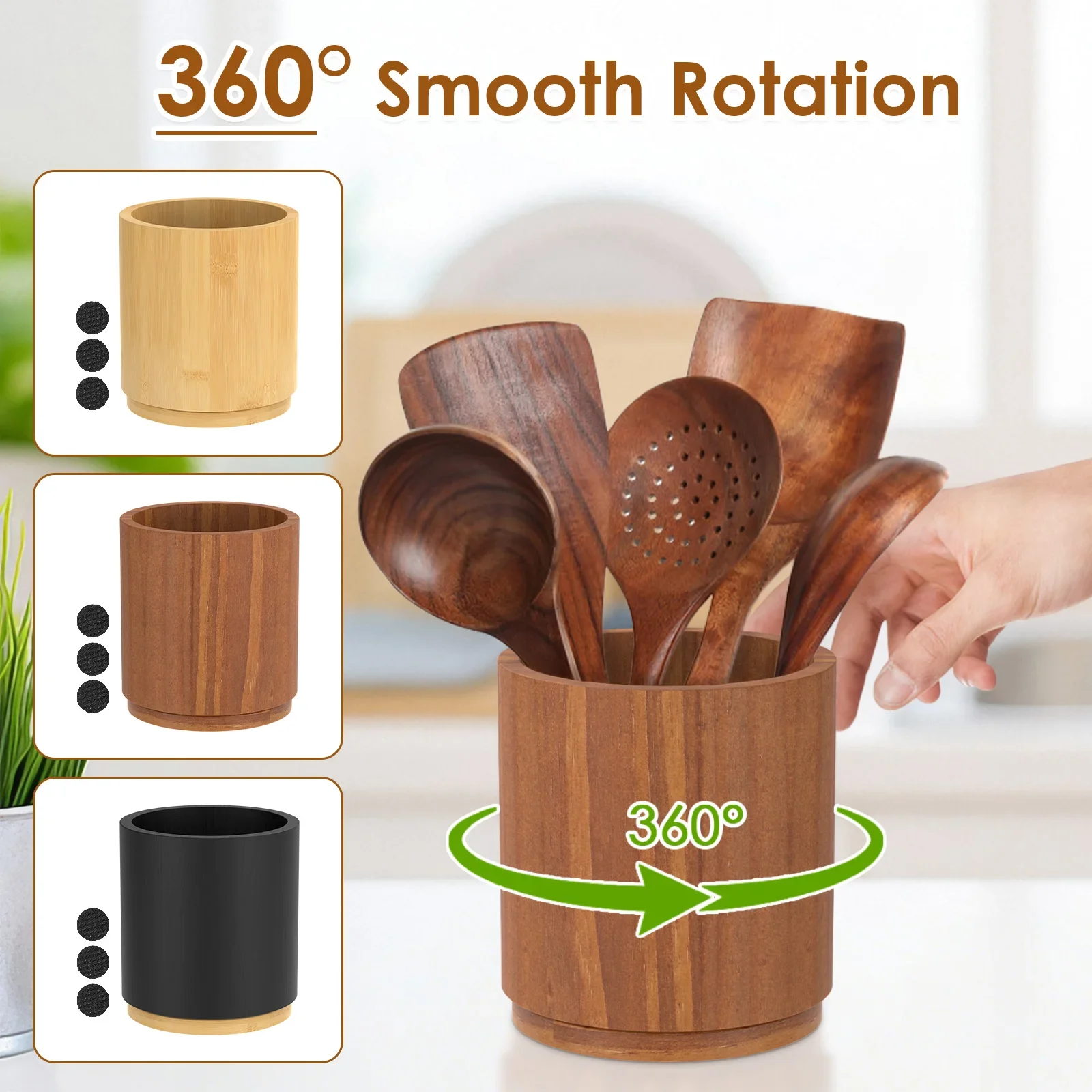 360 °   Drehbarer Utensilienhalter aus Holz mit Großer Kapazität Küchenutensilien-Aufbewahrungsregal Rutschfester Arbeitsplatten-Organizer Küchenzubehör