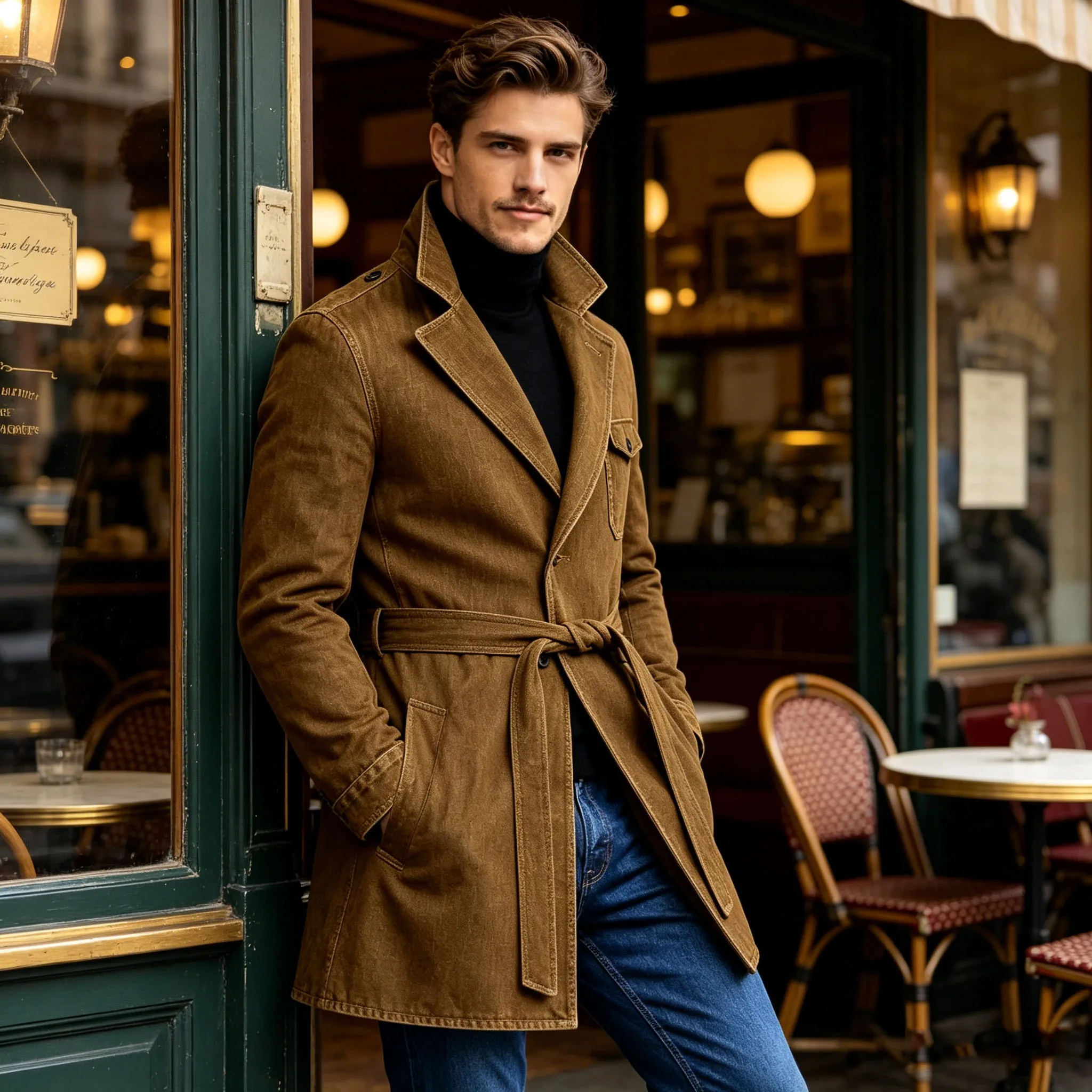 Men's Brown Denim Trench Coat Retro Slim Fit With Waist Belt Notched Lapel Flap Pocket Casual Washed Jean Jacket For Streetwear image 4