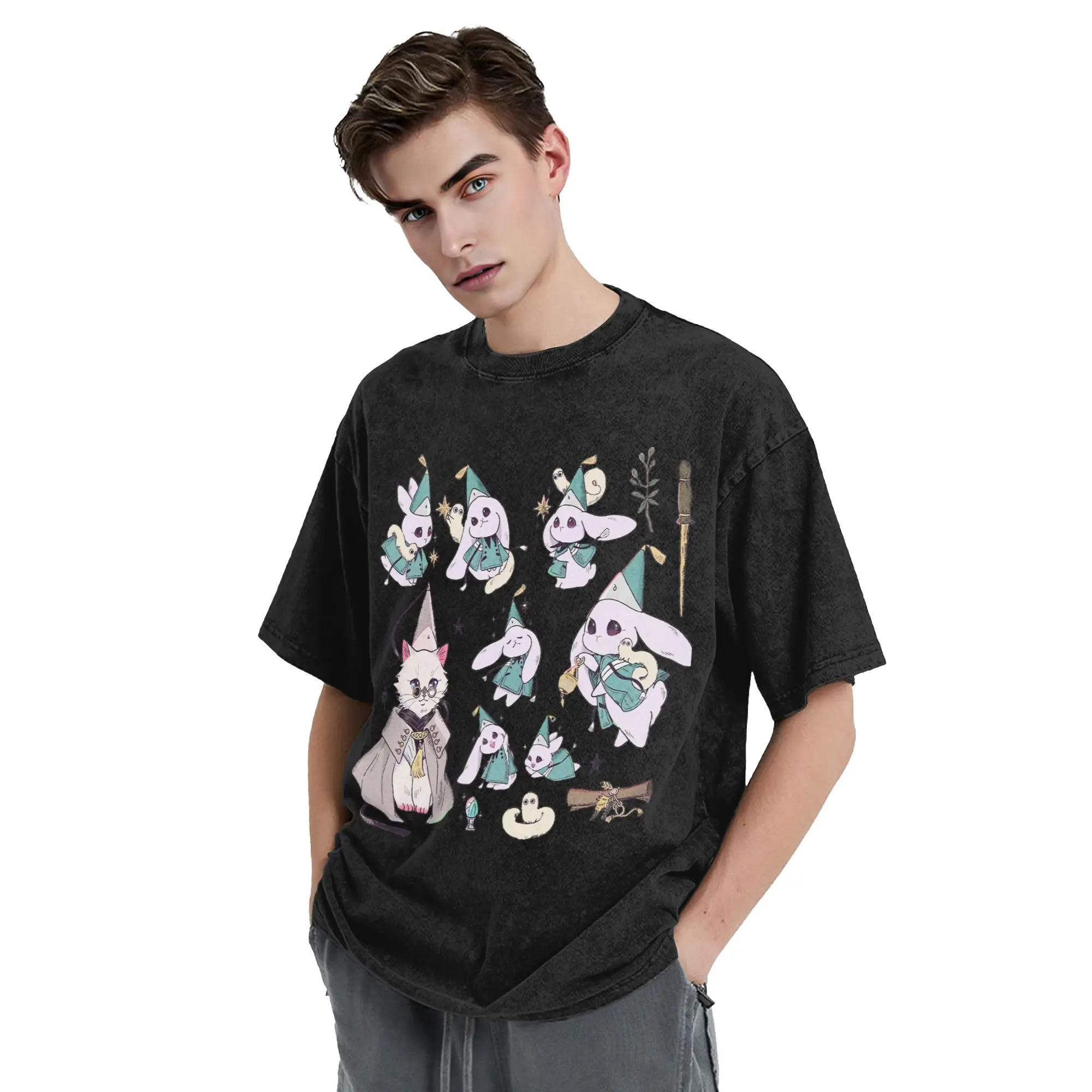 Magical Bunny Witch Hat Atelier Anime Washed T Shirts Streetwear  Vintage T-Shirts Tees for Men Women Short Sleeve Summer